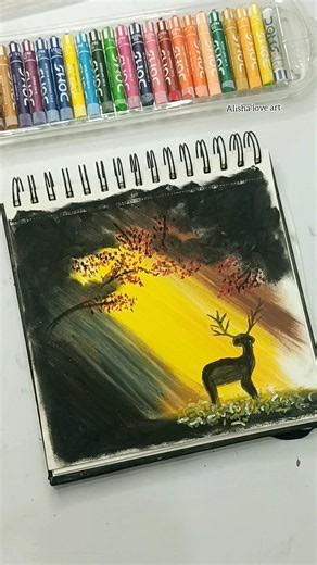 Easy Deer Scenery Drawing with Oil Pastels 🌕 | Sunset Drawing