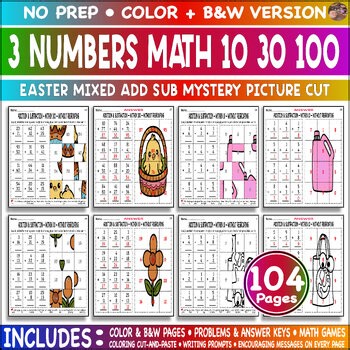 Easter Math Mixed Add Sub 3 Numbers 10 30 100 Elementary Cut Paste Color Game