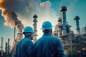 Refinery industry engineer are working and discussing at front oil and gas industrial factory,Oil refinery plant for industry