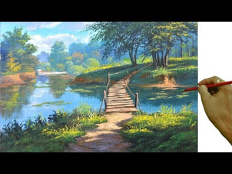 Acrylic Landscape Painting Lesson / Wooden Bridge on the River