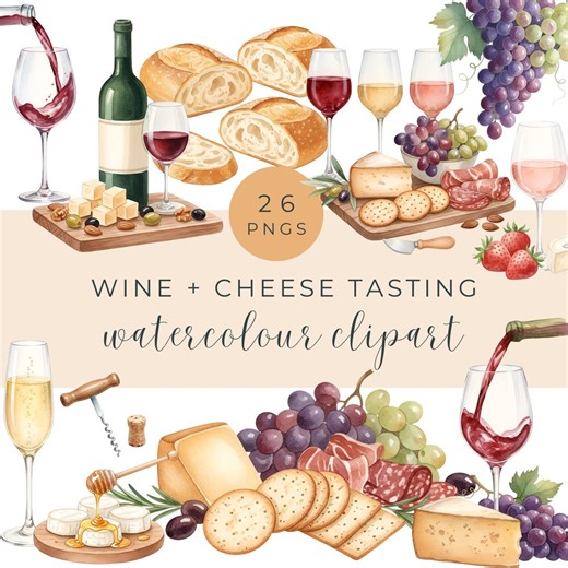 Wine and Cheese Clipart, Watercolor Wine Tasting Png, Charcuterie Board, Grapes, Bread, Vineyard Graphics - Etsy
