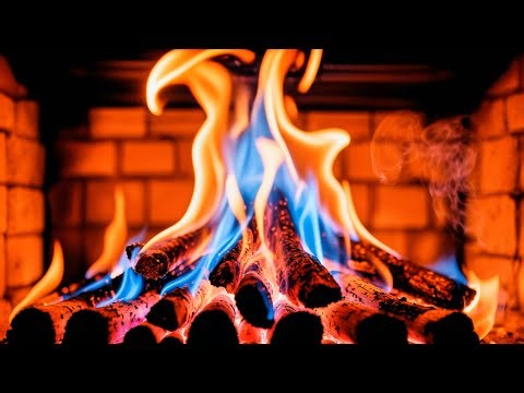 ❄️ Enjoy a Color-Changing Fireplace with Blue and Orange Flames Against a Brick Wall Background