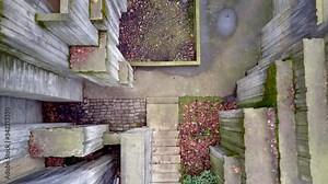 Concrete Blocks With Plenty Of Lines And Angles At The Freeway Park In Seattle, Washington - Aerial Drone Shot
