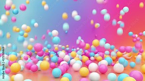 3d rendering of assorted colorful balls falling down, bouncing and jumping over vibrant gradient background, interactive particles motion. Animated gravity effect. Abstract minimal design, fun concept