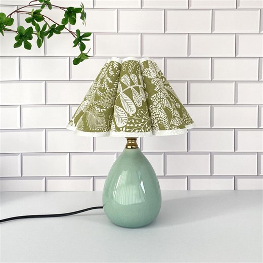 Green Floral Table Lamp, Ceramic Teardrop Base Lamp, Handmade Scalloped Lampshade, Cottagecore Lamp, Bedside Lamp, Botanical Lighting Decor - Etsy