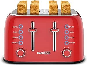 Geek Chef Retro Toaster 4 Slice, Stainless Steel Extra-Wide Slot Toaster, Bagel/Defrost/Cancel Function, 6-Shade Settings, High Lift Lever, Removable Crumb Trays