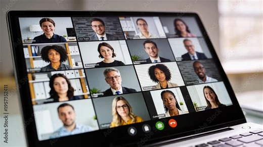 Starting laptop showing 4x4 grid by window, team in office clothes greeting, raising hands to start