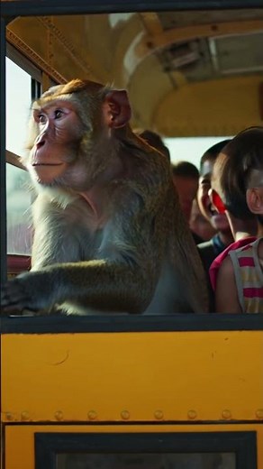 Monkey Inside School Bus Playfully Interacts with Kids