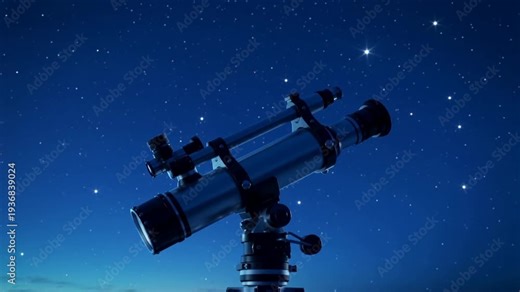 Tracking refractor telescope adjusting mount near shore, with twilight fading to track bright star