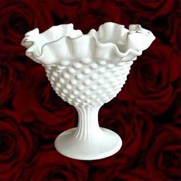 Fenton Compote Hobnail Milk Glass Ruffled Rim Vintage USA 6" Pedestal Dish Bowl