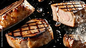 3d glassy of grill pork chops steaks flying in the air grilled meat isolated
