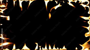 Highly detailed flame border . Realistic Fire Border . Transparent background. PNG + Alpha . A line of real flames ignite on a black background. Real fire - Slow Motion .
