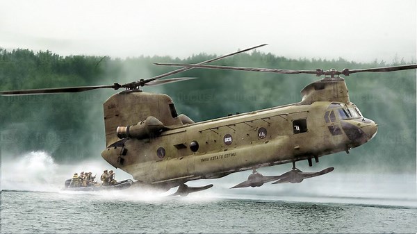 The process of US CH-47 helicopters landing on water for special forces extraction