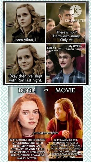 “Harry Potter Meme Combo: Viktor Krum Joke + Book vs Movie Ginny Comparison”