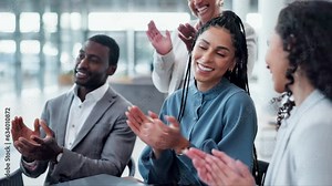 Applause, presentation and business people celebrate in office for success, achievement and victory. Teamwork, corporate workers and men and women clapping hands for support, collaboration and goals