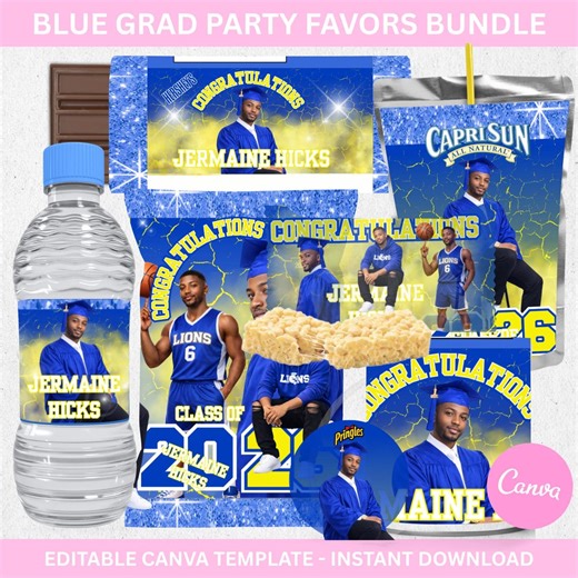 Blue Graduation Party Favors Bundle Class of 2026, Editable Canva Snack Wrappers Chip Bag Juice Pouch Candy Labels - Etsy