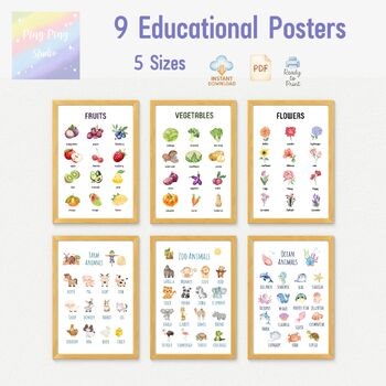 Nature & Animal Posters for Kids – Educational Watercolor Wall Art Set of 9