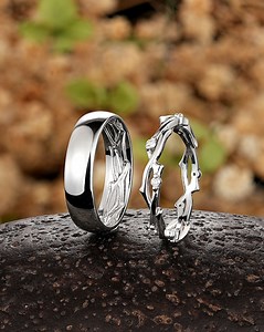 His and Hers Matching Wedding Rings, Plain Rings for Women and Men, Twig Band Couple Diamond Promise Ring Set White Gold Platinum Men's Band - Etsy