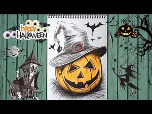 How to Draw a Halloween Pumpkin with Witch Hat | Step by Step Drawing