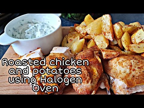 Roasted chicken and potatoes in Halogen Oven. chicken, country potatoes with salad recipe