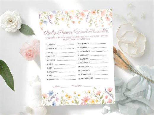 Floral Baby Shower Word Scramble Game | Minimalist Baby Shower Printable | Editable Canva Template | 5x7 & US Letter | With Answer Key - Etsy