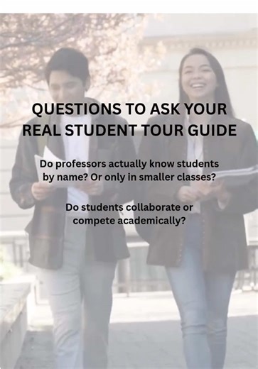 Don’t ask Google. Don’t ask the admissions office. 👀👇 Ask a REAL student tour guide instead. 🧠 Academics & Classroom Reality •How hard is it to get help when you’re struggling in a class? •Do professors actually know students by name? Or only in smaller classes? •What’s a class everyone warns you about — and why? •How much of your learning is lecture vs discussion vs hands-on? •Do students collaborate or compete academically? •How realistic is it to change majors here? 🏡 Campus Life & Day-to