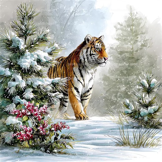 Watercolor Tiger in the Winter Forest Clipart: 15 Winter Wildlife Illustrations (digital Download) - Etsy