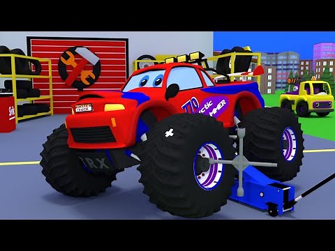 Car cartoons for toddlers about bigfoot, monster truck, tow truck. The monster truck got a flat tire