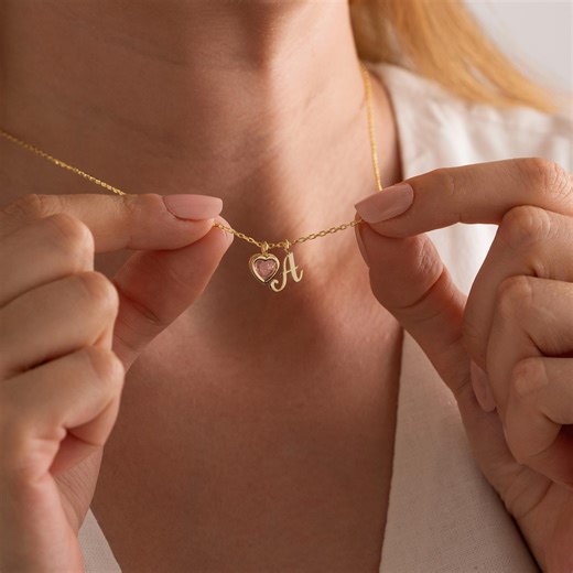 Sterling Silver Initial Necklace: Heart Birthstone Charm, Personalized Jewelry - Etsy