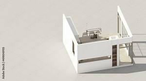 Interior in vintage minimalist style in the pantry kitchen. using wood material and light gray cloth on parquet floor and frame walkways in an apartment with large windows 3d render isometric