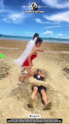 Friends Creating Forced Perspective Photo Trick on the Beach