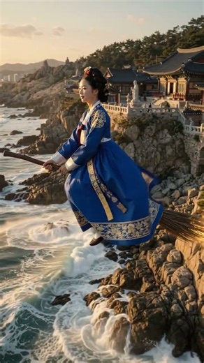 【空中散歩】韓国妓生が魔法のほうきで飛ぶ！釜山・海東龍宮寺の絶景めぐり🧹✨