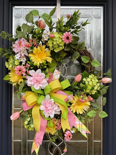 Spring Wreath With Yellow Daisies, Pink Tulips, Hydrangeas, Plaid Bow - Etsy
