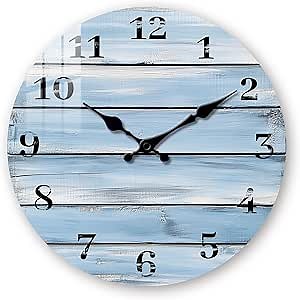 Blue Wood Wall Clock Decorative for Living Room - Farmhouse Wall Clocks Battery Operated 10 Inch - Analog Rustic Wall Clock Silent for Kitchen Bathroom Bedroom Decor