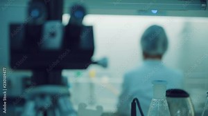 Woman scientist microscope research. Female scientist looking microscope. Lab scientist looking through microscope. Science laboratory research. Lab technician using laboratory microscope