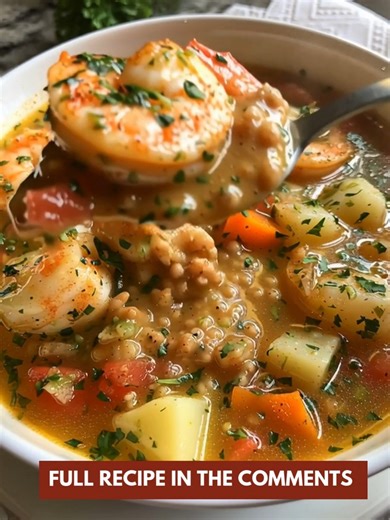 Scallop & Shrimp Soup 🦐🍲 Light yet cozy — the best comforting seafood soup! 📝 Ingredients : ½ lb sea scallops, cleaned and halved (for that tender seafood lover’s dream) 1 lb shrimp, peeled and deveined (key to this flavor-packed soup recipe) 2 tbsp olive oil or butter 1 small onion, diced 2 celery stalks, sliced 1 carrot, diced 2 cloves garlic, minced (for bold garlic seafood flavor) 1 medium potato, cubed (adds hearty comfort food vibes) 4 cups seafood or chicken broth ½ cup diced tomatoes 