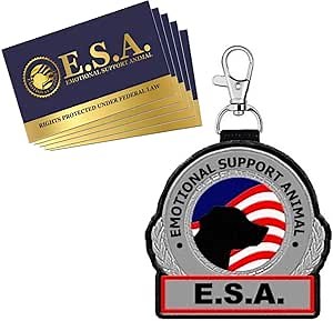 "Emotional Support Animal" ESA Identification Patch Tag | Clips on a Emotional Support Animal Vest, Harness, Collar, Leash or Carrier | Includes Five ESA Informational Handout Cards