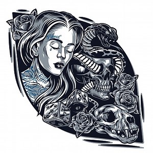 Vintage chicano tattoo style template with pretty woman cat skull...