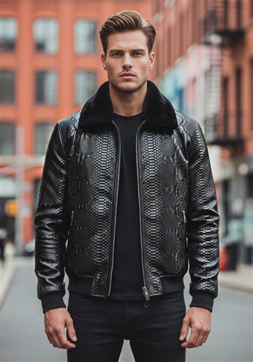 Handmade Black Python Leather Bomber Jacket Men Shearling Collar Slim Fit Luxury Streetwear - Etsy