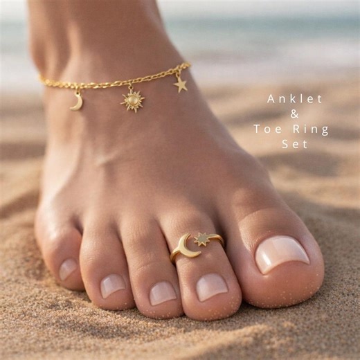 Celestial Anklet and Toe Ring Set, Gold Sun Moon Star Jewelry Set, Minimal Beach Anklet & Toe Ring, Summer Vacation Jewelry Gift for Her - Etsy