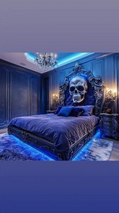 Gothic Royalty: Skull-Themed Bedroom Bathed in Blue Elegance | The Cursed Cranium