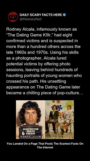 Thescaryfact ™ on Instagram: "Rodney Alcala was a predator who hid behind a charming smile and a camera lens. He posed as a photographer to lure victims, amassing hundreds of photos of unidentified women and children — some believed to be victims never discovered. In 1978, he even appeared on The Dating Game and won, all while actively m!rdr!ng. Behind his TV charisma was a calculating k!ll*r linked to at least eight confirmed victims — though investigators believe the number may exceed 100. His