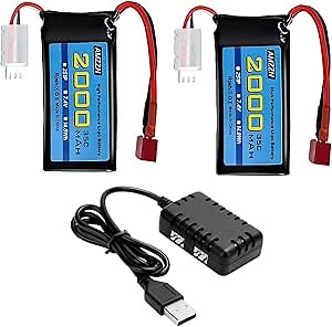 2PCS 7.4V 2000mAh 35C 2S Lipo Battery with T-Plug and 1 to 2 Charger for 300E 9200E 9201E 9206E M416 H16PL 903A HP162S HM124 RC Car, RC Ship Drone Battery (2PCS Battery+1 to 2 Charger)
