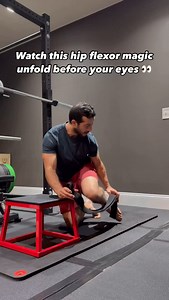 PRESTO CHANGE O 🪄 Now your hip flexors and quads are stretched and strengthened. Grab an 18” box and resistance band (special thanks to @vectorathlete for providing the fabric resistance band for today’s exercise). Place one end of the band around your ankle and hold the other end of the band over your shoulder on the opposite side. Plant the foot of the non banded side up on the box creating a half kneeling position with the front foot elevated. Grab the box with the free hand on the side of t