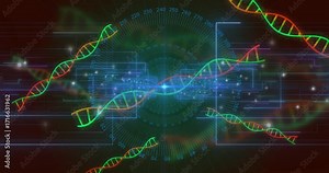 Bright blue node pulsing circuits, spawning helix strands orbiting scale showing digital data