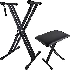 Piano Keyboard Stand and Bench Set, Double-X Keyboard Stand Adjustable Digital Piano Stand with Lockable Straps, (Piano Keyboard Stand x 1, Piano Bench x 1), Black