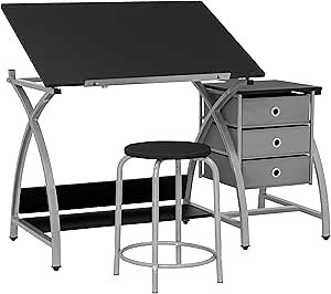 SD Studio Designs 2 Piece Comet Center Plus, Craft Table and Matching Stool Set with Storage and Adjustable Top, Silver/Black