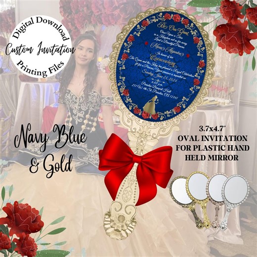 Beauty and the Beast Mirror Quinceanera Invitation Oval Invitation for Hand Held Mirror PNG, Printing Files 3.7x4.7", Sweet 16 Invitation - Etsy