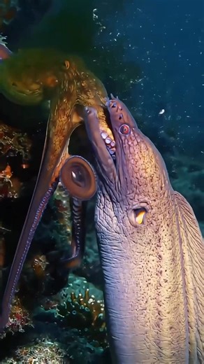 Take a closer look of this two predator staring at each other in the deep of the underwrold while the predator act like nothing happen and the moray eel hestitate to strike even due to oversize . Will the octopus survive if the eel landed a strike ? 🐍🐙🪸🌿💧🌊🌱 #wildanimals #animals #animallover #animalphotography #aquarium #aquariumlife #marine #marinelife #saltwateraquarium #saltwatertank #fishtank #viralvideo #viralanimals #fblifestyle | Chhim SeakLim