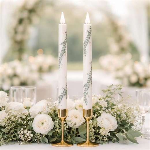 Pair of Flameless LED Handpainted Taper Candles Green Vine on Cream 10” Botanical Wedding Candlestick - Etsy